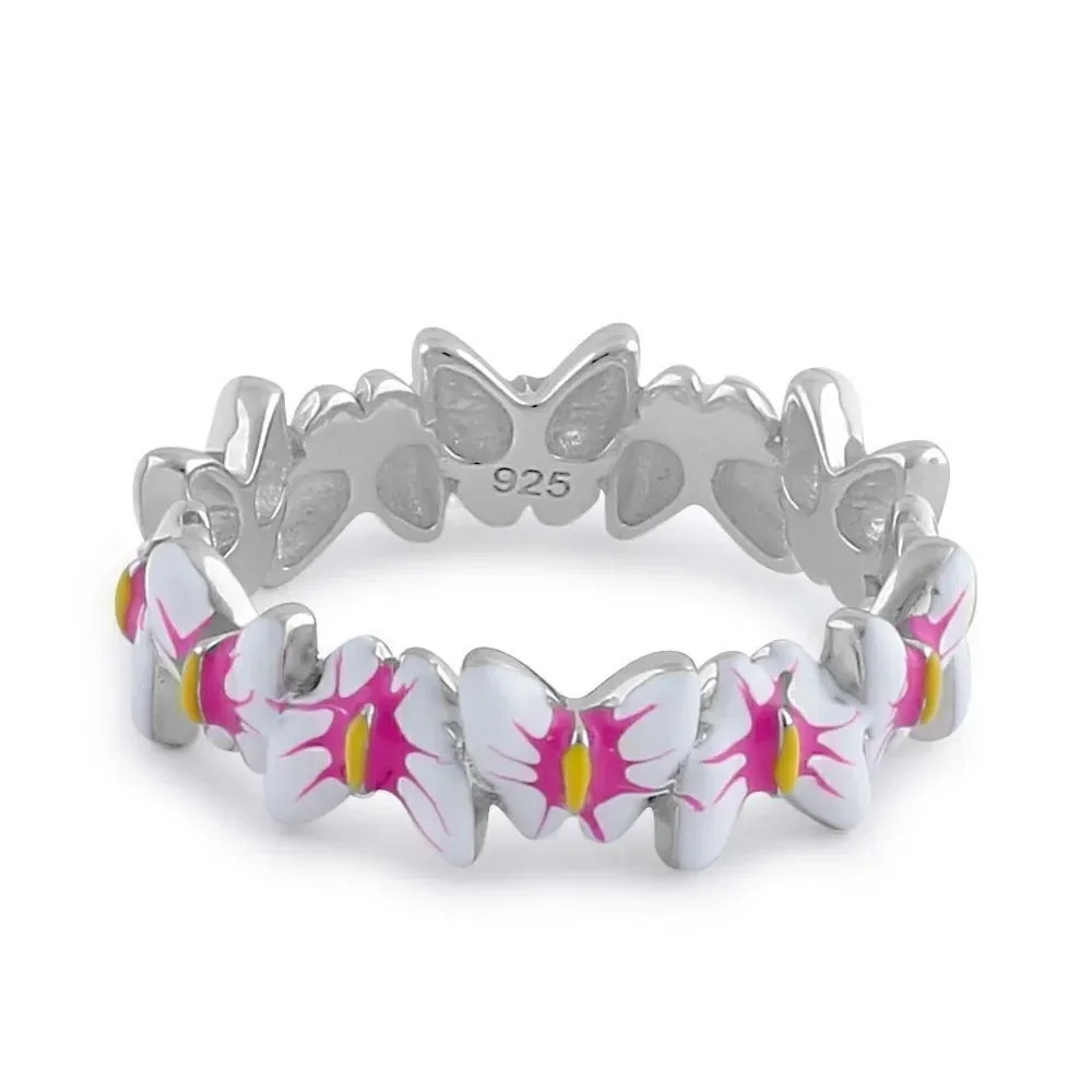 Sterling Silver Hand-Painted Paradise Pink & White Butterfly Enamel Ring New
